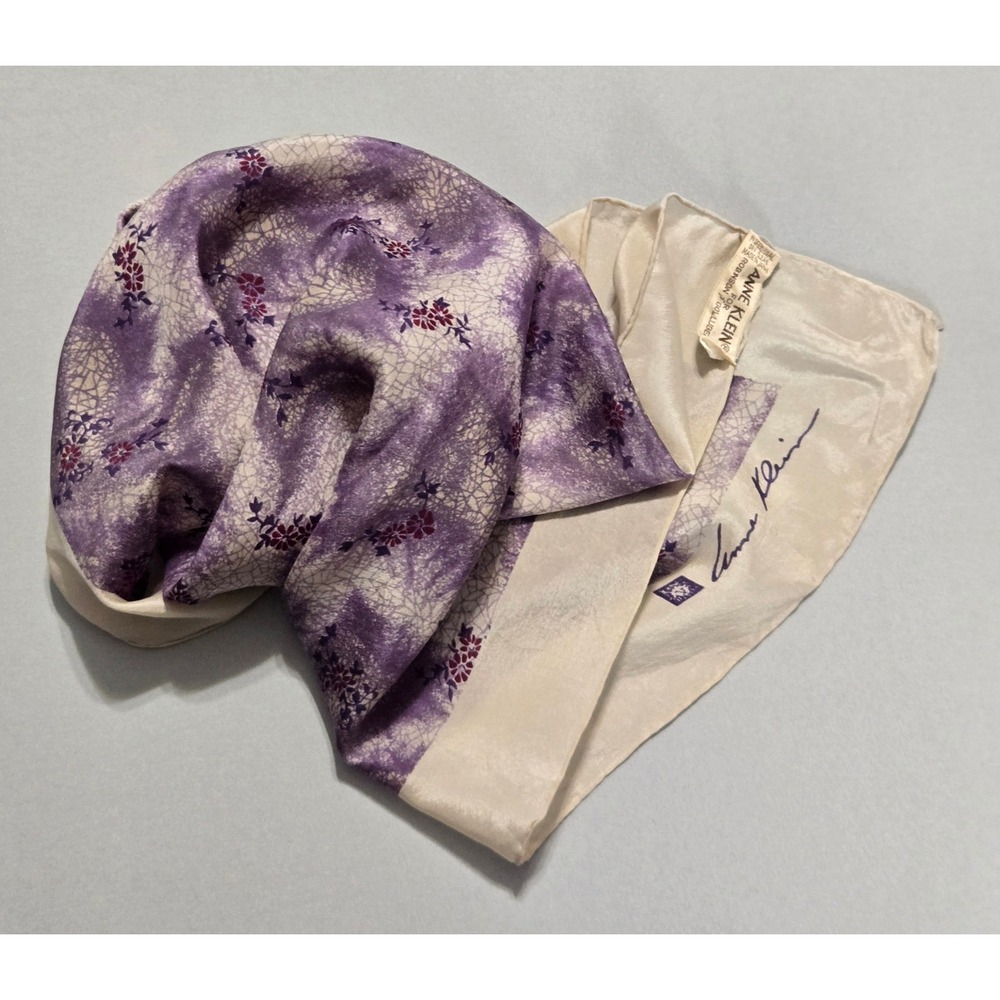 Anne Klein Silk Scarf Purple Floral Abstract 20" Square Hand Rolled Japan Vtg